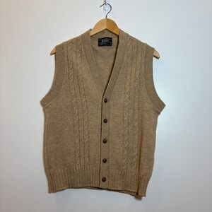 Vintage Jantzen Men Medium Cable Knit Cardigan Vest Tan Brown Button Up USA Made